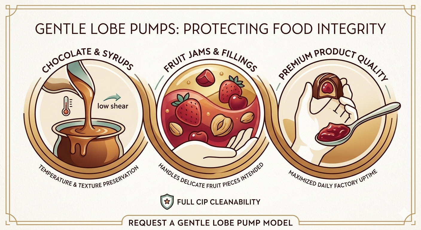 Gentle Lobe Pump for Chocolate, Syrups, and Fruit Jams with Pieces